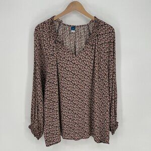 Old Navy Womens Floral Split Neck Poet Blouse Size 2X Navy Pink Long Sleeve Boho
